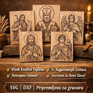 Może przedstawiać: Drewniane ikony świętych wycinane laserowo, idealne do grawerowania laserowego i CNC. Obraz przedstawia pięć różnych ikon ze szczegółową grafiką liniową, wraz z tekstem "Zamów teraz!"