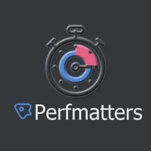 Puede incluir: Logotipo gris oscuro con un icono de cronómetro con detalles en azul y rosa. Debajo, el texto "Perfmatters" en blanco, con un pequeño icono azul y blanco a la izquierda.