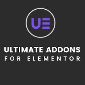 Può includere: Grafica grigio scuro con il testo "ULTIMATE ADDONS FOR ELEMENTOR" in bianco. Sopra il testo, un cerchio bianco con un logo "UE" viola.