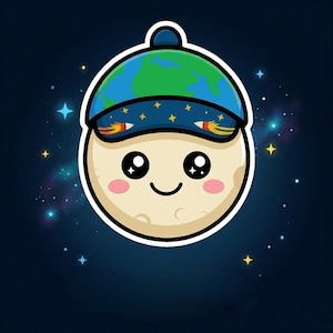 May include: A cartoon illustration of a smiling moon wearing a blue baseball cap with a green Earth design. The cap also features stars and rocket ship designs. The background is a dark blue space scene with stars.
