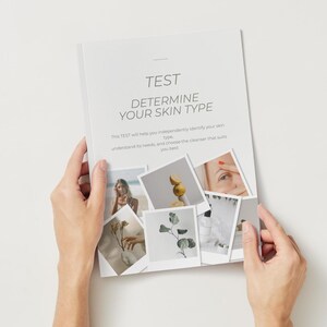 May include: A white booklet titled "TEST DETERMINE YOUR SKIN TYPE" with several small photos attached. The booklet is held by two hands against a white background. The photos show images of people, plants, and fruit.