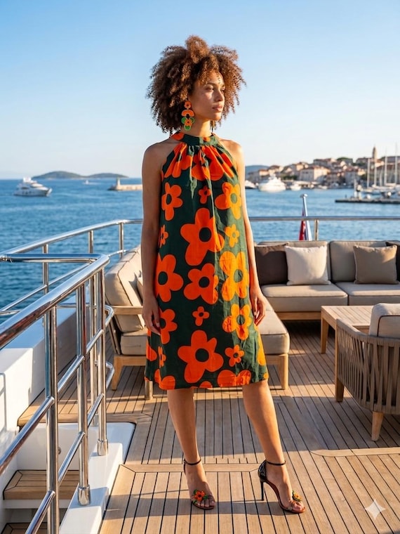Halter Neck Swing Dress In Red Green Orange Floral Print With Pockets Free Size