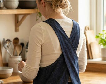 Dark Blue Denim Japanese Apron – Crossover Back Design with Large Functional Pockets