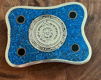 Vintage Mexican Alpaca Crushed Stone Inlaid Belt Buckle - Etsy display picture 2