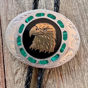 Johnson & Held American Eagle Malachite Inlay Black Enamel & Brass Belt Buckle Vtg Johnson Held Handmade Eagle Head Malachite Inlay Belt  main image 3