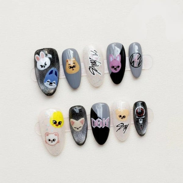 Stray Kids Press On Nails, SKZ Nails, Kpop Fan Nails, Stray Kids Merch Gift, Reusable Character Nails, Y2K Press On Nails