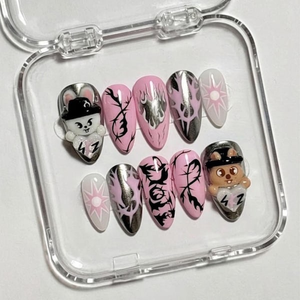 Uñas postizas de Stray Kids, uñas SKZ, uñas de fans del K-pop, regalo de Stray Kids, uñas reutilizables de personajes, uñas postizas Y2K