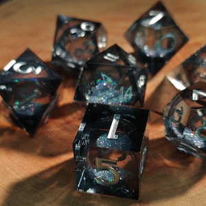 Midnight Black Liquid Core Holographic Dice Set | Liquid Glitter Galaxy Dice