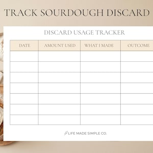 Peut inclure: Un suivi d'utilisation de levain blanc avec le texte "Track Sourdough Discard" en haut. Le suivi comporte des colonnes pour la date, la quantité utilisée, ce qui a été fait et le résultat. Un pain et un bol de farine sont en arrière-plan.