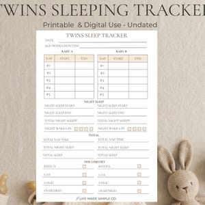 May include: A printable and digital twins sleep tracker with a beige background. The tracker includes sections for nap times, night sleep, and wake-ups for Baby A and Baby B. The text "TWINS SLEEPING TRACKER" is at the top.