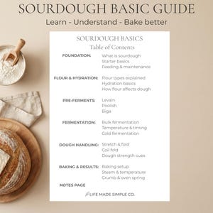Könnte beinhalten: Ein Grundkurs zum Sauerteigbrot mit dem Text "SOURDOUGH BASIC GUIDE" und "Learn - Understand - Bake better." Das Bild zeigt ein Brot, eine Schüssel mit Mehl und einem Holzschöpfer sowie ein Inhaltsverzeichnis.