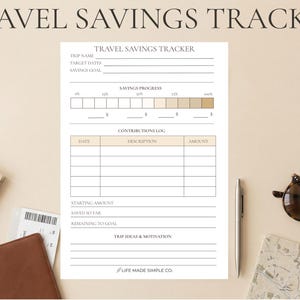 May include: A white Travel Savings Tracker sheet with headings for trip name, dates, and savings goals. Includes a savings progress bar, contribution log, and space for trip ideas. A pen, sunglasses, and a passport are next to the sheet.