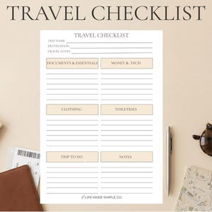 May include: A travel checklist titled "TRAVEL CHECKLIST". The checklist includes sections for trip details, documents, clothing, and notes. A pen, sunglasses, a map, a passport, and a ticket are also visible.