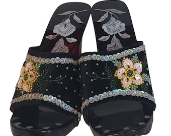 Vintage Black Floral Vintage Sequin Heels Size 41