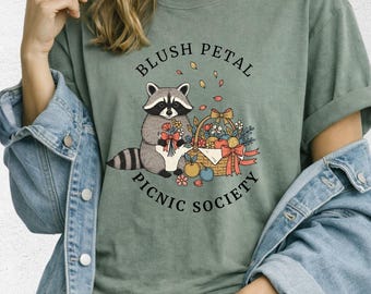 Raccoon Comfort Colors Shirt, Cottagecore Woodland Animal Tee, Blush Petal Picnic Society Gift for Her