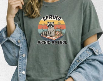 Spring Raccoon Comfort Colors Shirt, Picnic Patrol Retro Tee, Cute Woodland Animal Graphic Gift for Nature Lover