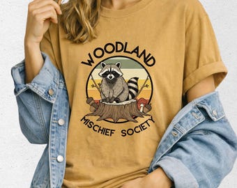 Woodland Mischief Society Comfort Colors Shirt, Raccoon Graphic Tee, Cottagecore Animal Lover Gift
