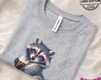 Coffee Lover Raccoon T-Shirt, Animal Iced Coffee Tee, Bella Canvas Unisex Shirt, Gift for Women