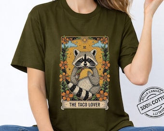 Raccoon Taco Lover Shirt for Women, Funny Taco Graphic Tee, Cute Foodie Animal Shirt, Boho Tarot Style Gift