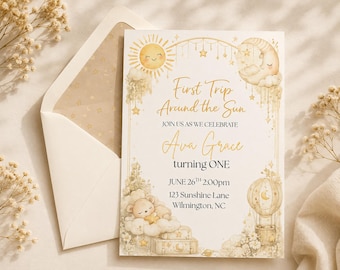 First Trip Around the Sun Birthday Invitation Template Celestial First Birthday Invite Sun Moon Stars Birthday Invitation Editable Template