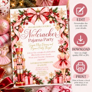 Nutcracker Pajama Party Invitation, Pink Christmas PJ Party Invite, Sugar Plum Ballet Holiday Party, Editable Girls Xmas Template