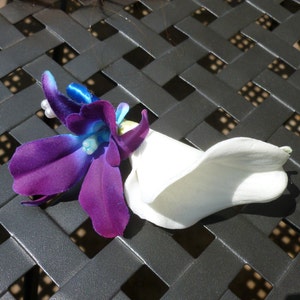Calla lily purple blue orchid boutonniere, galaxy orchid and calla, button hole, corsage, dendrobium orchid calla lily