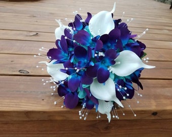 Galaxy orchid bouquet, purple blue, turquoise bridesmaids bouquet, small bridal bouquet, toss away bouquet