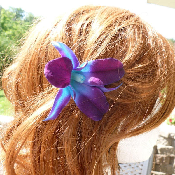 Purple blue orchid hair pin, hair accessory, galaxy orchid hair pin, dendrobium orchid pin, bridal, bridesmaids hair pin