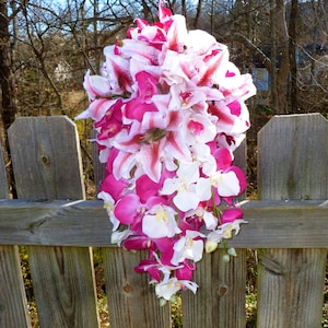 Pink wedding bouquet, cascading bouquet, tiger lily bouquet, pink orchid bouquet