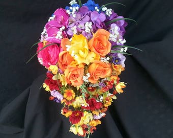 Rainbow cascading bouquet, colorful, cascade bridal bouquet, bright, playful, artificial flowers