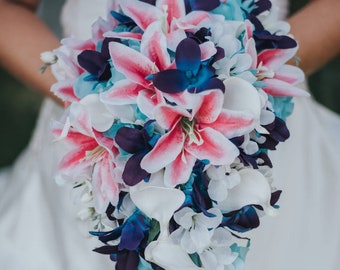 Cascading, teardrop bridal bouquet with tiger lilies, galaxy orchids, turquoise orchids, purple blue orchids, island, artificial flower