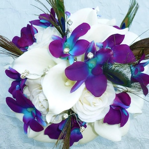 Real touch roses, real touch calla bridal bouquet with galaxy orchids, small bouquet, peacock feathers, rhinestones, artificial bouquet