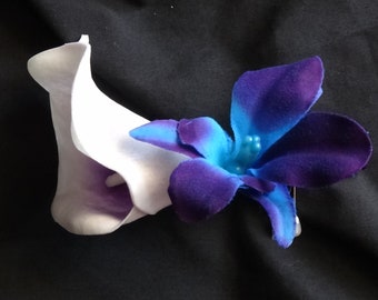 Picasso Calla lily galaxy orchid boutonniere, real touch calla lilies