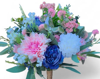 Pink, blue bridal bouquet, chrysanthemums, dahlias,peony, rose, baby's breath, artificial flowers