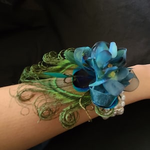 Peacock pearl wrist corsage