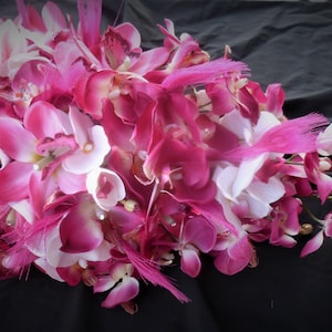 Hot pink Orchid and tiger lily cascading bouquet, artificial cascade bouquet, teardrop bouquet, orchid bridal bouquet