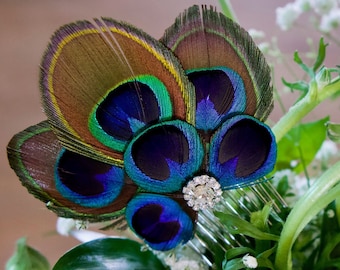 Peacock feather hair comb, hair clip