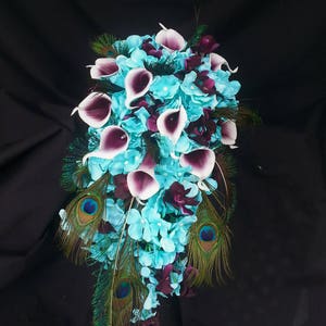 Aqua, teal, turquoise cascading bouquet with picasso calla lilies, teal, plum purple, hydrangea bouquet, teardrop bouquet, cascading bouquet