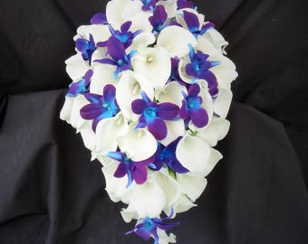 Real touch calla lily, galaxy orchid, purple blue orchid bridal bouquet, teardrop bouquet, island orchid, artificial flowers