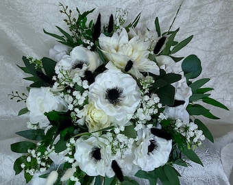 White, black bridal bouquet, anemone, rose, peony, eucalyptus, Italian ruscus, baby's breath