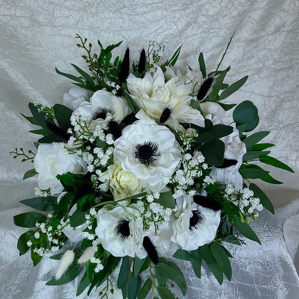 White, black bridal bouquet, anemone, rose, peony, eucalyptus, Italian ruscus, baby's breath
