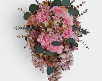 Pink dahlia, rose, orchid, eucalyptus, baby's breath cascading faux flower bouquet