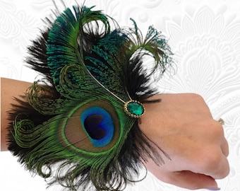 Emerald peacock wrist corsage, boutonniere, prom, ostrich feather