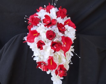 White, red cascading, teardrop brial bouquet, real touch red callas, red silk orchids, roses, and hydrangeas, artificial bouquet