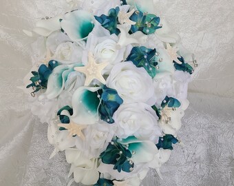 Teal white rose calla lily bouquet with starfish