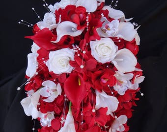 White, red cascading, teardrop brial bouquet, real touch red callas, red silk orchids, roses, and hydrangeas, artificial bouquet