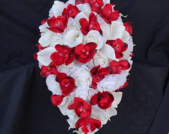 White and red teardrop bouquet, Real touch Rose, real touch calla, red fabric orchid teardrop, cascading bouquet, bridal bouquet