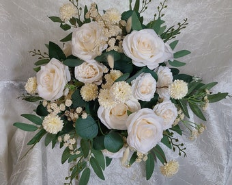 Ivory rose bouquet, peony, chrysanthemum baby's breath, eucalyptus, Italian ruscus