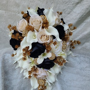 Ivory, gold, beige, black cascading bridal bouquet, real touch calla lily, gold rhinestones, artificial flowers