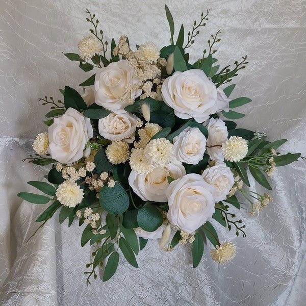 Ivory rose bouquet, peony, chrysanthemum baby's breath, eucalyptus, Italian ruscus